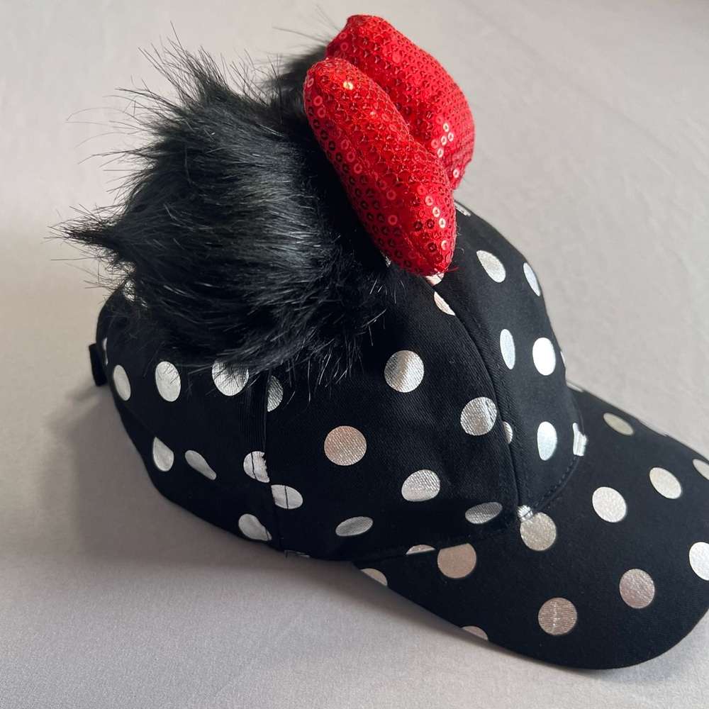 Disney Women’s Black and Silver Polka Dot Cap with Red Sequin Bow Size 55-59 CM
